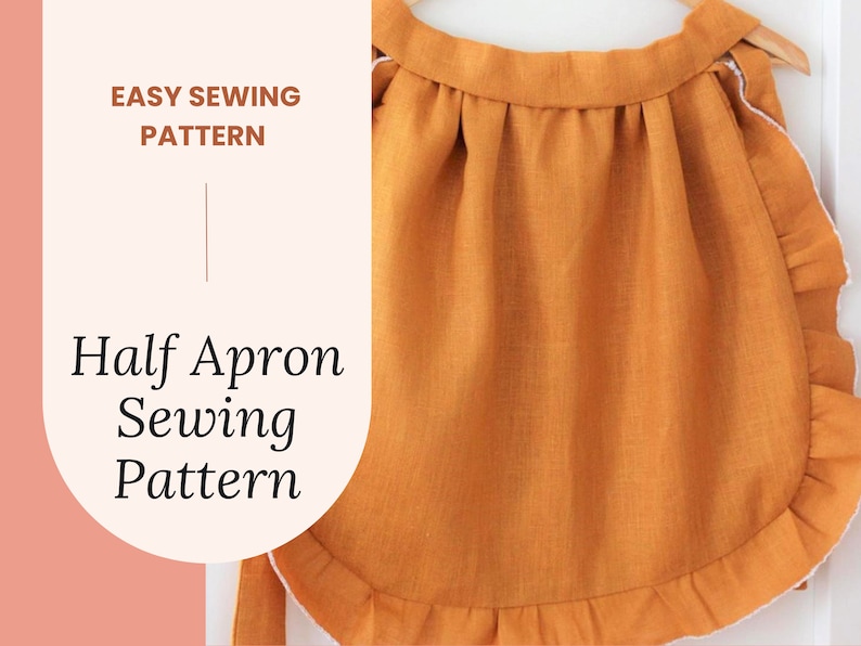May include: Easy sewing pattern for a half apron with a ruffled edge. The apron is made of a mustard yellow fabric.