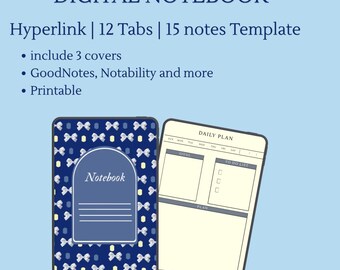 Digitaal notitieboek citroenblauw lint | 12 gelinkte tabbladen | Tijdschriften | Studeren | Afdrukbaar | Notitiebloksjabloon