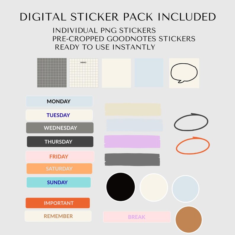 Digitaal notitieboek | GoodNotes-planner met hyperlink | 5 omslagen, 12 tabbladen, studienotities, weekplanner, stickers, pdf afbeelding 6