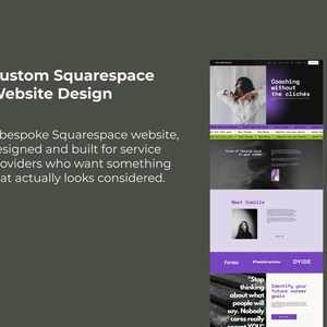 Peut inclure: Conception de site Web personnalisée pour Squarespace. Le design présente une mise en page épurée et moderne avec une palette de couleurs violet et blanc. Le texte comprend "Coaching without the clichés" et "Stop thinking about what people will say."