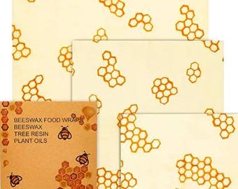 Set of 3 Beeswax Food Wraps, Reusable Organic Cotton Food Preservation