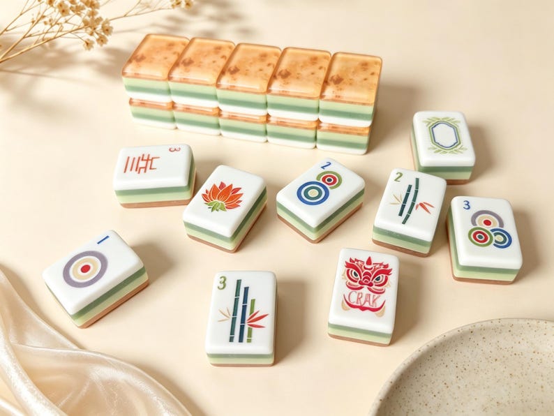 May include: A set of rectangular mahjong tiles featuring a white top surface with colorful illustrations including a lotus, bamboo, circles, and a lion mask with the text CRAK. The tiles have a layered design with green and tan sides.
