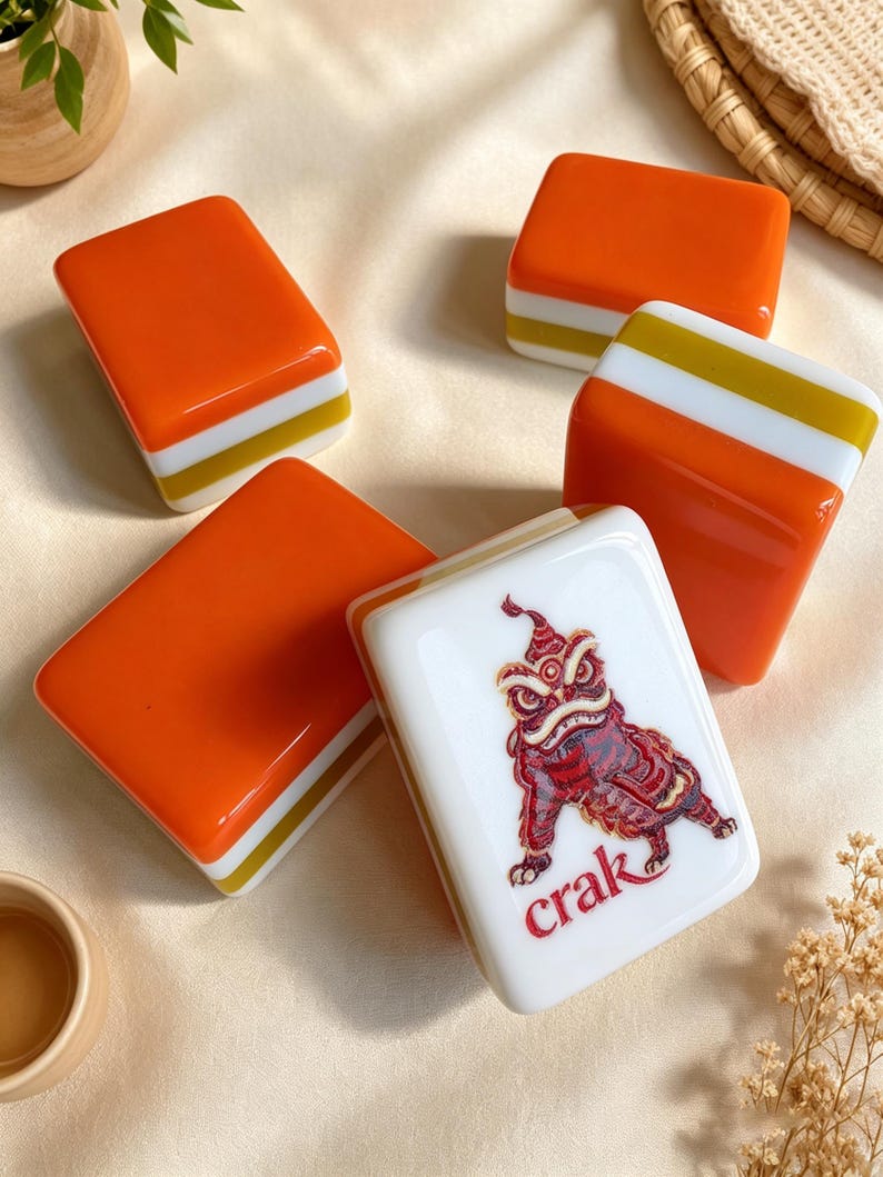K&ouml;nnte beinhalten: Vier rechteckige Mahjong-Spielsteine mit orangefarbenen, wei&szlig;en und goldenen Schichten an den Seiten. Ein Spielstein zeigt eine detaillierte rot-braune Illustration eines L&ouml;went&auml;nzers und den roten Schriftzug "crak" auf der wei&szlig;en Vorderseite.