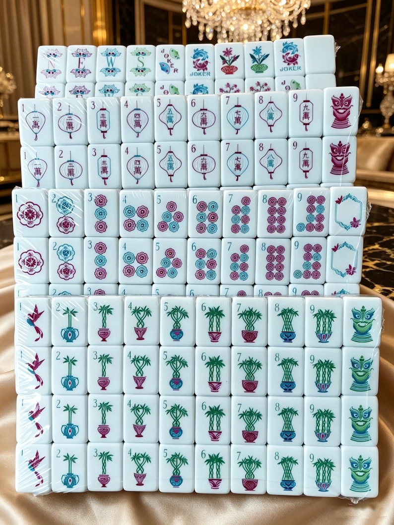 May include: A set of white Mahjong tiles arranged in rows and columns, wrapped in clear plastic. The tiles feature colorful engraved designs including Chinese characters, numbers, floral patterns, bamboo stalks, joker labels, and stylized dragon faces.