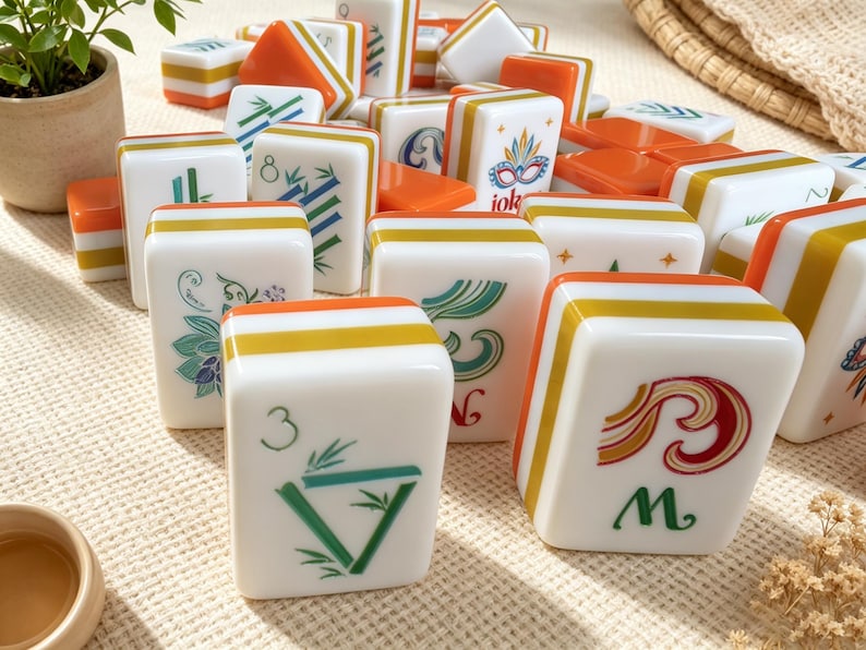 K&ouml;nnte beinhalten: Eine Sammlung wei&szlig;er Mahjong-Spielsteine mit bunten grafischen Motiven, darunter Bambusstangen, Zahlen und eine Jokermaske. Die Spielsteine haben orangefarbene und gelbe horizontale Streifen an den Seiten und sind verstreut angeordnet.
