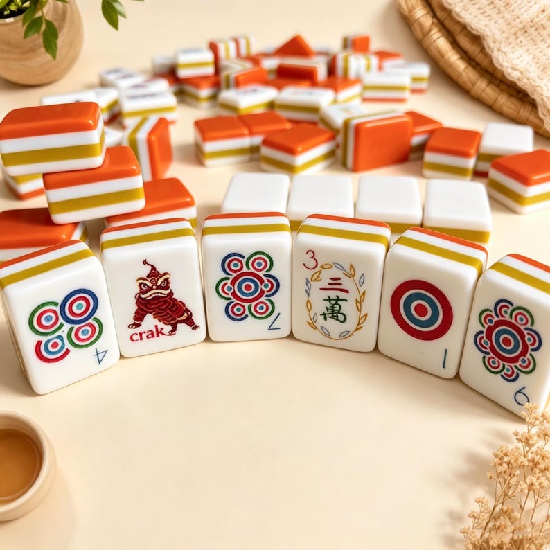 K&ouml;nnte beinhalten: Ein Set aus rechteckigen Mahjong-Spielsteinen mit wei&szlig;en, orangefarbenen und gelben horizontalen Streifen. Die Steine zeigen verschiedene bunte Grafiken, darunter einen roten L&ouml;wen, konzentrische Kreise und das chinesische Schriftzeichen f&uuml;r drei.