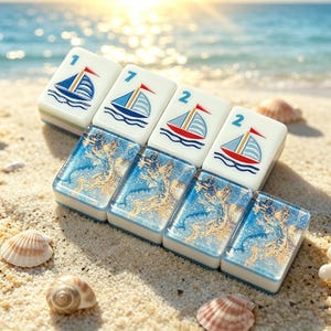 K&ouml;nnte beinhalten: Vier rechteckige Mahjong-Spielsteine in einer Reihe. Jeder Stein hat einen wei&szlig;en oberen Teil mit einer blau-roten Segelbootgrafik und einer Zahl, darunter 1, 7, 2 und 2. Der untere Teil jedes Steins besteht aus durchscheinendem blauem Harz mit Goldflocken.