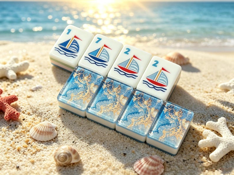 K&ouml;nnte beinhalten: Vier rechteckige Mahjong-Spielsteine in einer Reihe. Jeder Stein hat einen wei&szlig;en oberen Teil mit einer blau-roten Segelbootgrafik und einer Zahl, darunter 1, 7, 2 und 2. Der untere Teil jedes Steins besteht aus durchscheinendem blauem Harz mit Goldflocken.