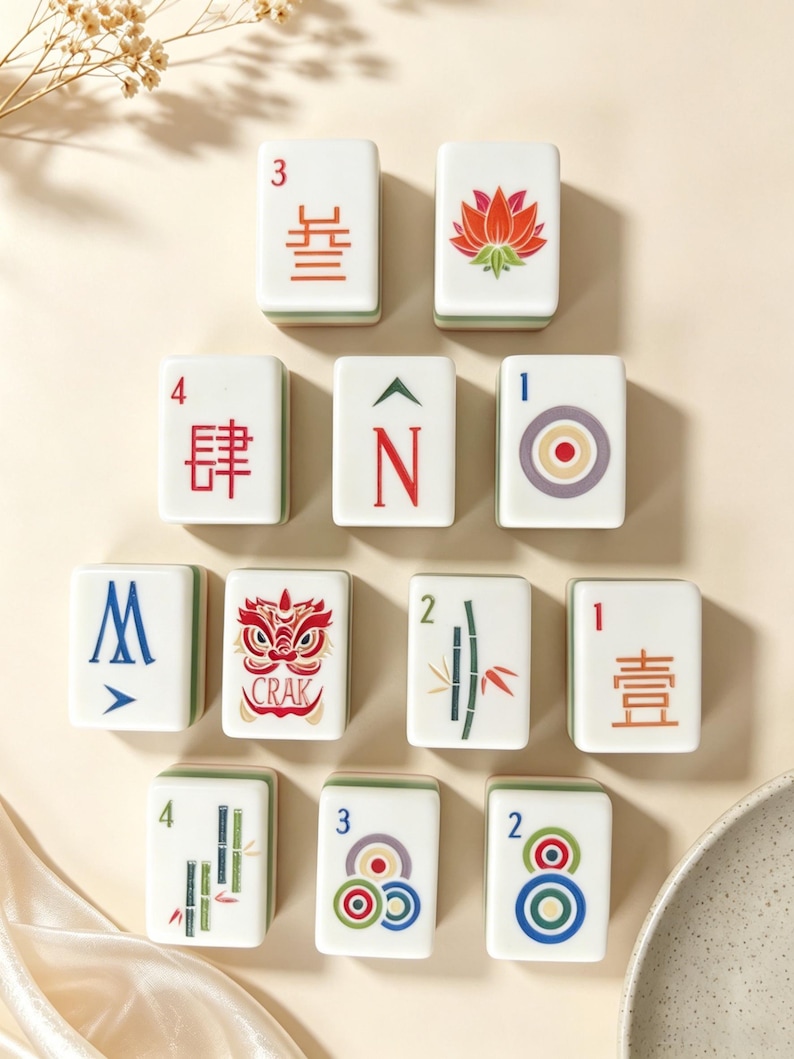 May include: A collection of eleven white rectangular Mahjong tiles arranged in a pyramid formation. Each tile features distinct colorful illustrations, including Chinese characters, a lotus flower, a lion head with the text CRAK, and bamboo.