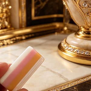 May include: A rectangular eraser featuring three distinct vertical stripes in white, soft pink, and light orange. The eraser has a smooth, matte finish and a clean, uniform shape, presented as a simple stationery item for erasing pencil marks.