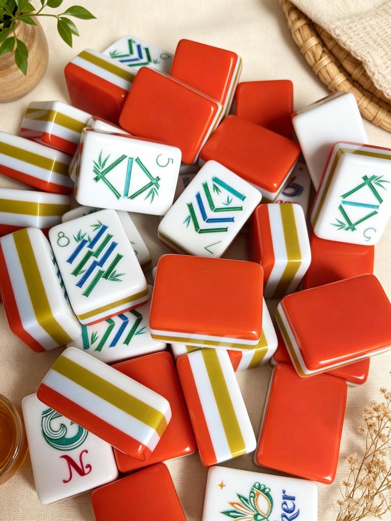 K&ouml;nnte beinhalten: Eine Sammlung rechteckiger Mahjong-Spielsteine mit einer Mischung aus einfarbigen orangefarbenen R&uuml;ckseiten und wei&szlig;en Vorderseiten mit gr&uuml;nen und blauen Bambusmustern, Zahlensymbolen und dekorativen Designs. Die Steine liegen verstreut.