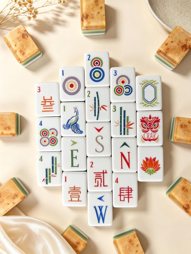 May include: A collection of rectangular mahjong tiles with white faces featuring colorful illustrations of bamboo, circles, characters, and directional letters. The tiles have a marbled tan and green back, arranged in a central cluster.