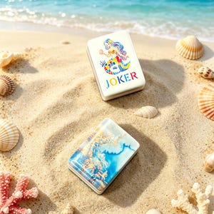 K&ouml;nnte beinhalten: Zwei rechteckige Mahjong-Spielsteine. Ein Stein zeigt eine bunte Illustration einer Meerjungfrau mit dem darunter gedruckten Wort JOKER in mehrfarbigen Buchstaben. Der zweite Stein zeigt ein abstraktes blau-wei&szlig;es Meereswellenmuster mit Goldakzenten.
