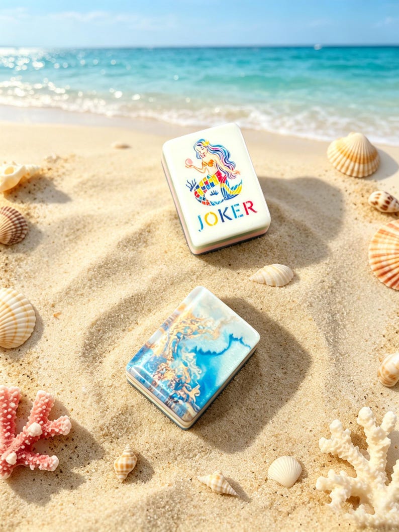 K&ouml;nnte beinhalten: Zwei rechteckige Mahjong-Spielsteine. Ein Stein zeigt eine bunte Illustration einer Meerjungfrau mit dem darunter gedruckten Wort JOKER in mehrfarbigen Buchstaben. Der zweite Stein zeigt ein abstraktes blau-wei&szlig;es Meereswellenmuster mit Goldakzenten.