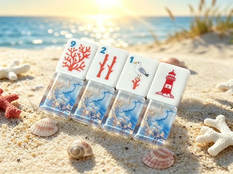 K&ouml;nnte beinhalten: Vier rechteckige Mahjong-Spielsteine mit wei&szlig;en Oberseiten, die rote und blaue Illustrationen von Korallen, einer M&ouml;we und einem Leuchtturm zeigen, kombiniert mit transparenten Harzsockeln mit blauen und goldenen Wirbelmustern.