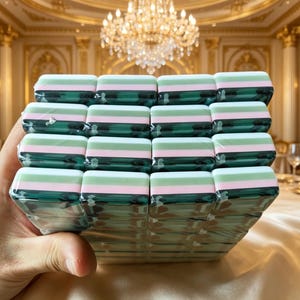May include: A stack of rectangular mahjong tiles featuring a layered design with a translucent dark green base, a thin pink middle stripe, and a light green top section. The tiles are arranged in a four-by-four grid and wrapped in clear plastic.