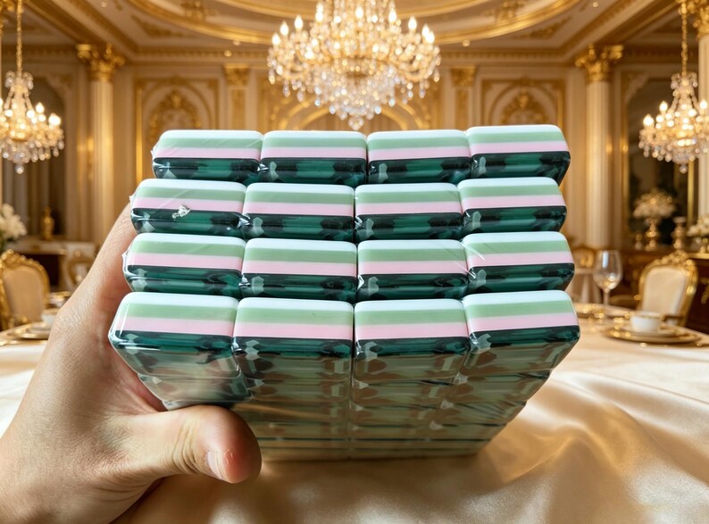 May include: A stack of rectangular mahjong tiles featuring a layered design with a translucent dark green base, a thin pink middle stripe, and a light green top section. The tiles are arranged in a four-by-four grid and wrapped in clear plastic.
