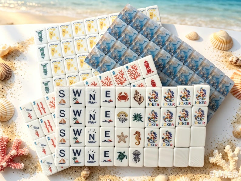 K&ouml;nnte beinhalten: Ein Set wei&szlig;er Mahjong-Spielsteine mit nautischen Motiven und Strandthemen, darunter Leuchtt&uuml;rme, Korallen, Krabben, Seesterne, Meeresschildkr&ouml;ten, Quallen und als Joker gekennzeichnete Meerjungfrauen sowie Spielsteine mit S, W, N, E und Segelbooten.