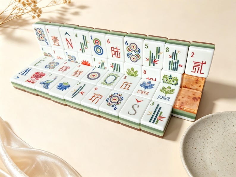 May include: A set of white Mahjong tiles arranged in two rows, featuring colorful engraved symbols, Chinese characters, numbers, and floral designs. The tiles have a green base and some display the word Joker. Two tiles on the right have a marbled texture.