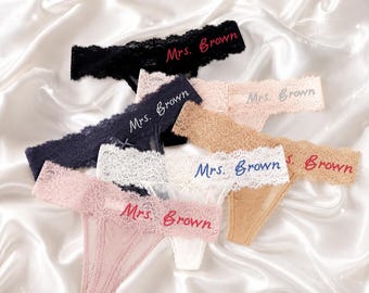 Personalized Lace Thong, Custom Name Bridal Underwear, Bride Gift, Wedding Day Lingerie, Bachelorette Party Gift, Honeymoon Gift for Bride
