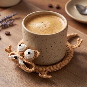 Peut inclure: Un mug en céramique beige moucheté rempli de café repose sur un dessous de verre en crochet marron clair en forme de créature avec de grands yeux blancs, des pupilles noires et une large bouche ouverte avec des dents blanches.