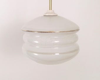 Mid Century White Glass Pendant Light / Retro Bauhaus Globe Chandelier / 1970s Space Age Ceiling Fixture / Vintage Yugoslavia