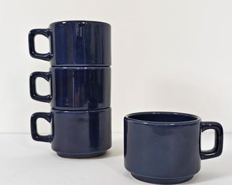 Vintage KIL Ceramic Mugs Set / Mid Century Modern Blue Coffee Cups / Retro Stackable Stoneware Cups