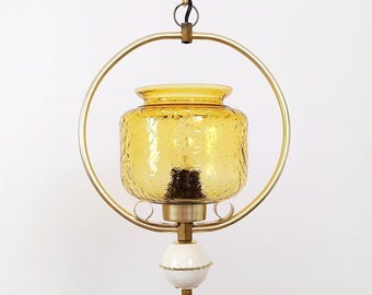 Space Age Amber Glass Hoop Pendant Light / Retro Saturn Ring Chandelier / 1970s Geometric Hanging Lamp / Vintage Mid Century