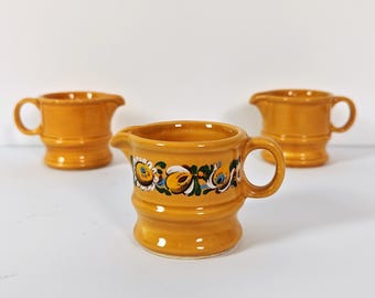 Vintage Ceramic Creamer Set / Retro Milk Jug Cups / Painted Floral Stoneware / Rustic Kitchen Decor / 1970s Style