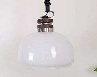 Mid Century Opaline Glass Pendant Light / Retro Rise and Fall Kitchen Chandelier / 1970s Wood Chrome Hanging Lamp / Vintage Ceiling Fixture