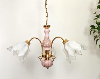 Vintage Pink Glass Chandelier / 3 Arm Brass Ceiling Light / 1980s Romantic Tulip Shade Pendant / Hollywood Regency Lighting Fixture