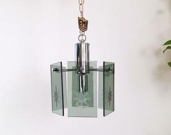 Space Age Chrome Chandelier / Retro Smoked Green Glass Pendant Light / 1980s Atomic Starburst Lamp / Vintage Yugoslavia