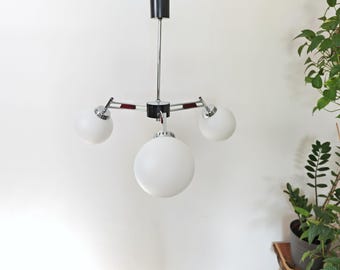 Vintage 3-Light Opal Glass Ceiling Lamp / Mid Century Modern Chandelier / Space Age Sputnik Light | Chrome Pendant