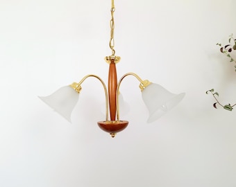 Mid Century Wood Brass Chandelier / Retro 3 Arm Ceiling Fixture / 1970s Frosted Tulip Glass Pendant Light / Vintage Hanging Lamp