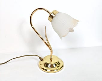 Vintage Brass Table Lamp with Frosted Glass Shade – Floral Tulip Design – Mid Century European Desk Light – 1980s Retro Lighting