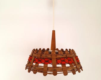 Vintage wicker hanging lamp, wooden rustic pendant light, retro kitchen 80's, farmhouse light fixture