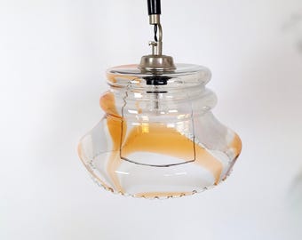 Mid Century Glass Pendant Light / Retro Rise and Fall Kitchen Chandelier / 1970s Orange Swirl Hanging Lamp / Vintage Yugoslavia
