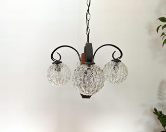 Vintage Mid Century Modern Chandelier / 4 Arm Pendant Lamp with Textured Glass Globes / Iron & Wood Hanging Light, 1960s Yugoslavia