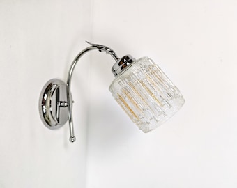 Vintage Wall Sconce 1980s / Chrome Wall Light / Textured Glass Shade / Mid Century Modern Lighting / Retro European Lamp