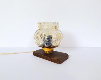 Mid Century Amber Glass Table Lamp / Retro Wood Brass Nightstand Light / 1970s Bubble Glass Desk Fixture / Vintage Small Lantern