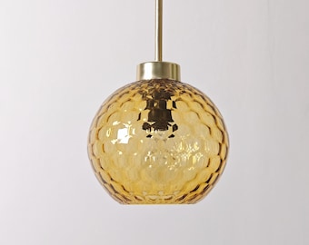 Vintage Amber Glass Globe Pendant Light / Mid Century Modern Brass Ceiling Lamp / Textured Honeycomb Glass / Retro 1960s European Design