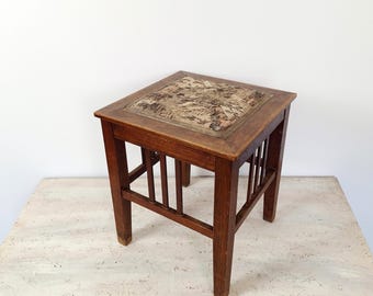 Antique Wooden Stool • Vintage Arts and Crafts Footstool • Gobelin Tapestry Side Table • Rustic Plant Stand Furniture