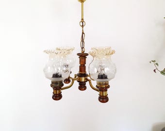 Makeover Wood Brass Chandelier / Retro 4-Arm Ceiling Fixture / 1970s Ruffled Glass Hurricane Lamp / Vintage Yugoslavia