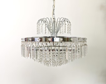 Mid Century Chrome Crystal Chandelier / Retro Tier Waterfall Ceiling Light / 1970s Hollywood Regency Pendant Lamp / Vintage Hanging Fixture
