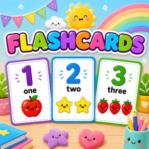 May include: Three educational flashcards featuring the numbers 1, 2, and 3 with corresponding illustrations of a red apple, two yellow stars, and three red strawberries. The cards display the words one, two, and three in black text.