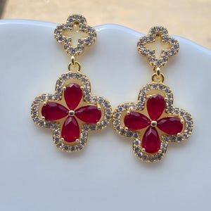Ruby Colour Flower Earrings, Gold Plated Clover Earrings, Cubic Zirconia Earring, Gift for Her