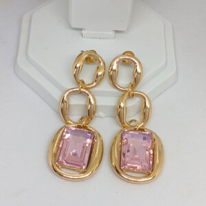Gold Plated Pink Stone Drop Earrings | Geometric Dangle Earrings | Elegant Statement Jewelry for her