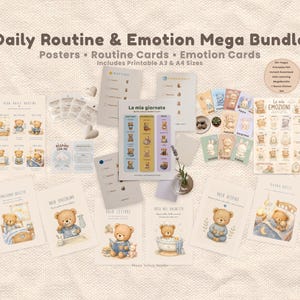 Può includere: Una collezione di materiali didattici stampabili, tra cui poster, schede di routine e schede delle emozioni. I disegni presentano illustrazioni ad acquerello di orsetti in varie attività quotidiane. Il testo "Daily Routine & Emotion Mega Bundle" è in alto.
