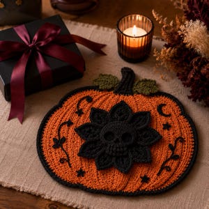Gothic Skull Flower Pumpkin Mat Crochet Pattern PDF, Halloween Decor (Digital Download)