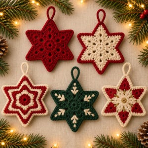 May include: Five six-pointed star ornaments crafted from crochet yarn. One is solid dark red, one is cream with a red border, one is red and cream striped, one is dark green with cream leaf patterns, and one is cream with red and gold accents.